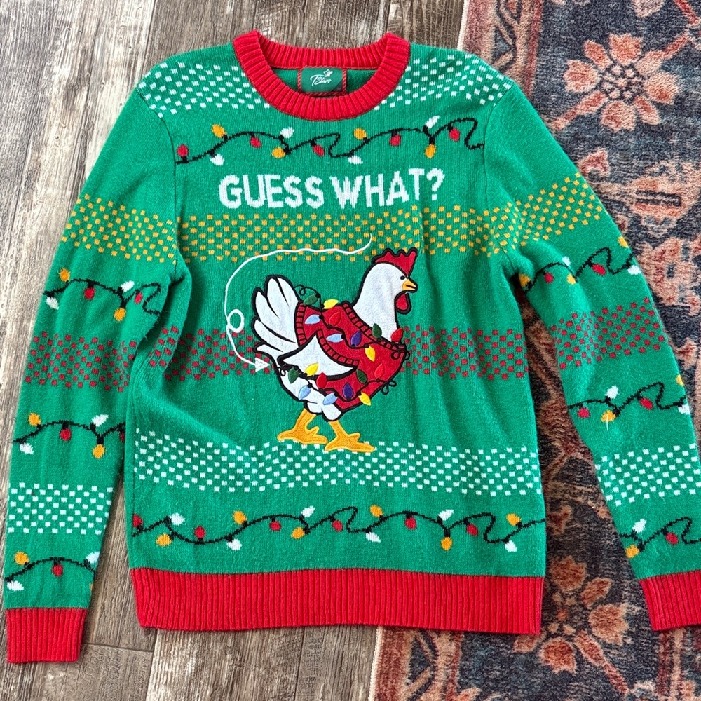 Festive Green Sweater with Chicken Design